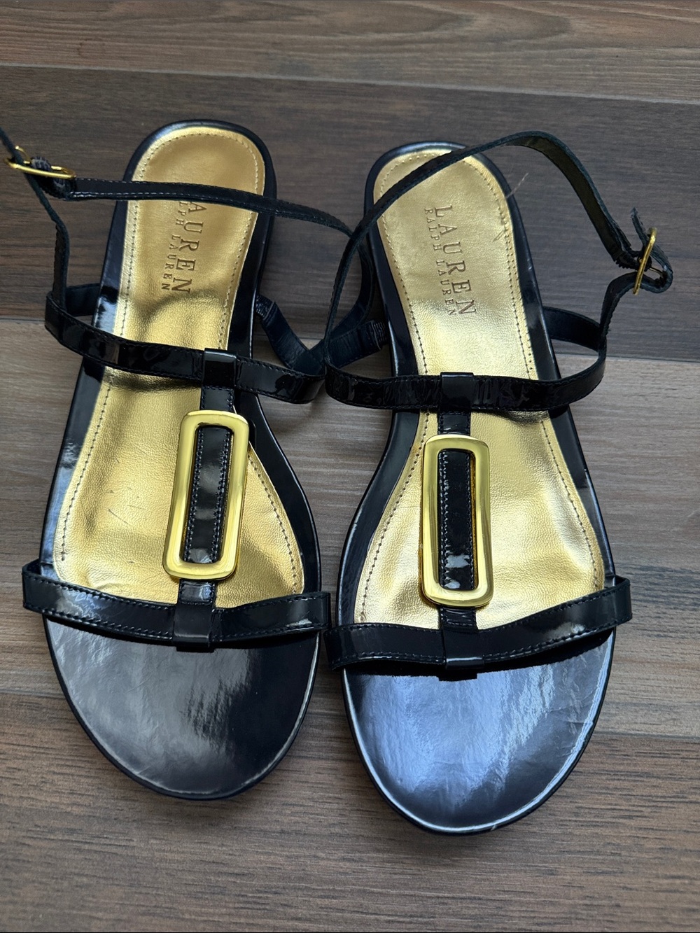 Lauren Ralph Lauren Black Patent Sandals with Gold Accents